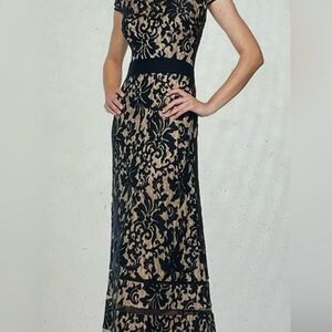 TADASHI SHOJI Embroidered Lace Cap Sleeve Gown in Navy / Nude (3K914L-NV/ND)